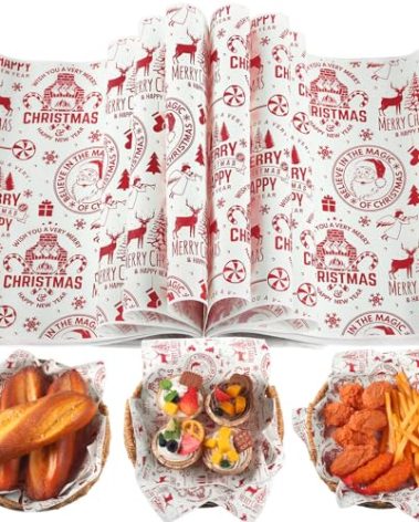 Tenceur 150 Pcs Christmas Wax Paper Sheets Parchment Deli Wraps Tissue Paper Baking Cookies Sandwich Decorative Wax Sheets Food Basket Liner Greaseproof Supplies(Red Reindeer)
