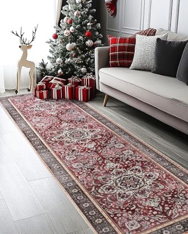 3x8 Runner Rug Non Slip Washable Bedside Laundry Room Floor Rug Low Pile Water Repellent Soft Distressed Carpet for Kitchen Living Room Bathroom Entryway(Red,3x8ft)