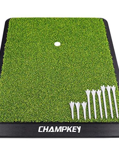 CHAMPKEY Premium Synthetic Turf Golf Hitting Mat | Heavy Duty Rubber Base Golf Practice Mat | Come with 1 Rubber Tee and 9 Plastic Tees (8.5" x 17", LITE Version)