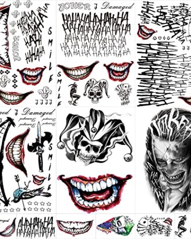 JEEFONNA 22 Sheets Halloween Temporary Tattoos, Perfect Joker Tattoos Halloween Face Tattoos for Costumes, Halloween Party Accessories and Cosplay (Men's)