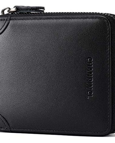 CHANPINCL Mens Genuine Leather Zipper Wallet RFID Secure Large Capacity Double Fold Multi-card Leather Wallets for Men and coin purse (Calf leather black)