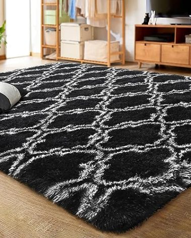 LOCHAS Luxury Shag Area Rug 5x8 Feet Geometric Plush Fluffy Rugs, Extra Soft Carpet Runner Rugs for Bedroom Living Room Dorm Kids, High Pile Shaggy Floor Rug Decor, Black/White