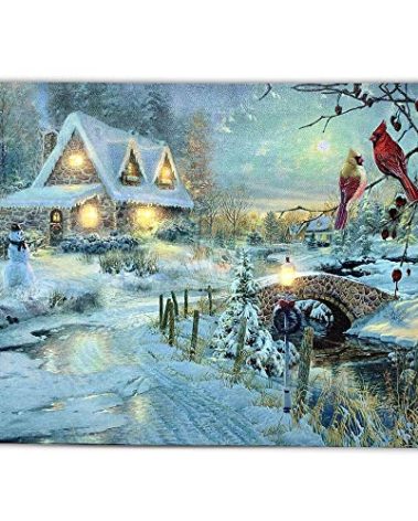 BANBERRY DESIGNS LED Christmas Wall Art - Lighted Cottage Along a Stream Christmas Scene with Cardinals and Snowman - LED Canvas Prints - Old Fashioned Cobblestone Bridge - Measures 11.75" x15.75"