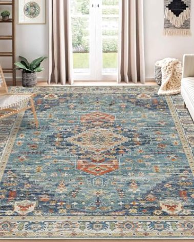 Enkor Area Soft Rugs 8x10 Washable Non Slip Boho Floor Rugs for Living Room Bedroom, Vintage Style Farmhouse Mat for Kitchen Entryway Green & Blue