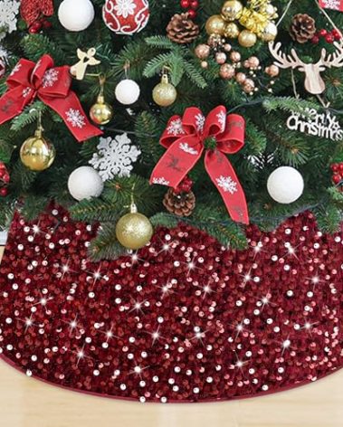 MODFUNS Burgundy Tree Collar 28.8 Inch Glittery Christmas Collar Large Ring Sequined Felt Base Luxurious Sparkly Xmas Basket Winter Holiday Ornament