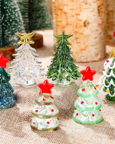 6 Pcs Glass Christmas Tree Gifts Set 2.4" Mini Green Crystal Christmas Trees Figurines Small Tabletop Holiday Decor Glass Xmas Miniature Trees Gift Ornaments for Xmas Party Living Room Mantel Tabletop