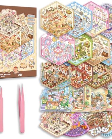 20 Sets DIY 3D Sticker Scene Collection Book for Kids Adults Cute Make Your Own Shop House Stickers for Gifts Stickers Therapy for Adult Relief Stress Pass The Time Play Park Hamburg Castle Library