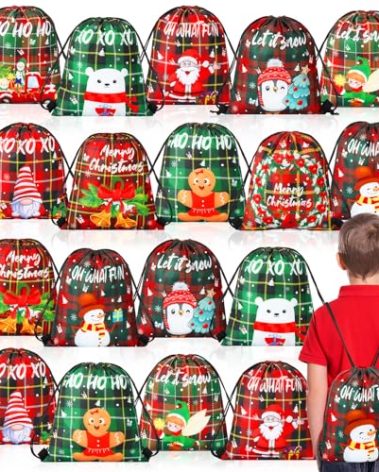 Aliceset 50 Pcs Christmas Drawstring Backpack Bulk Xmas Snack Wrapping Sack Assorted Styles Santa Goody Treat Gift Bag for Kid Birthday Christmas Party Decor Supplies(11.81x9.84) (Buffalo Plaid)