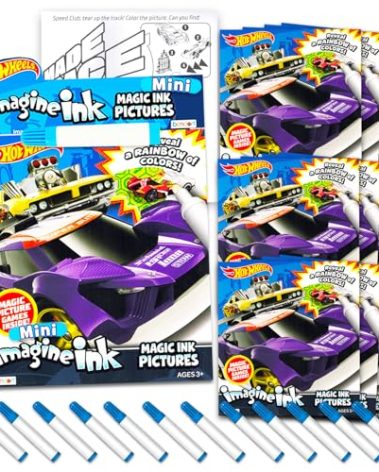 Hot Wheels Imagine Ink Coloring Book Set for Kids - 12 Pack No-Mess Magic Inks Race Car Coloring Books with Rex-Man Stickers and Door Hanger (Hot Wheels Party Supplies Party Favors Bundle)