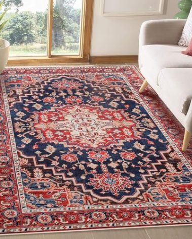 Amearea Vintage Design Area Rugs for Living Room, 4x6 Machine Washable Floral Collection Traditional Bedroom Rug, Low Pile Dinning Room Carpet, No Slip Office Kitchen Home Decor, Red and Blue
