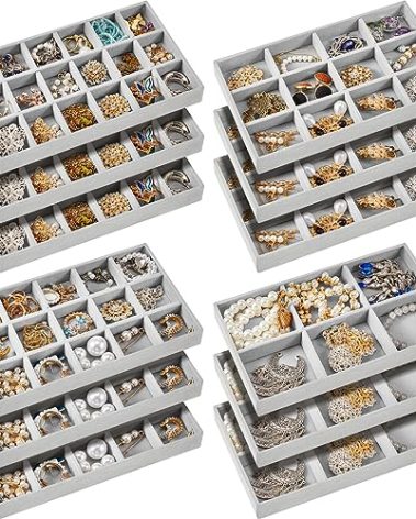 Junkin 12 Pcs Jewelry Tray Velvet Stackable Jewelry Organizer Trays Divided Earring Accessories Storage Containers Box(Gray)