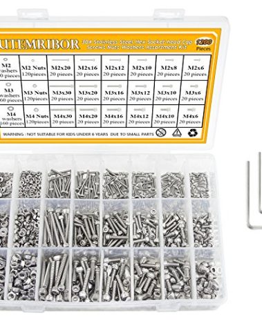 304 Stainless Steel Screws Nuts and Washers 1200PCS, Sutemribor M2 M3 M4 Hex Socket Head Cap Bolts Screws Nuts Washers Assortment Kit with Hex Wrenches