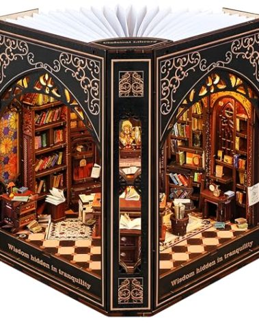 Book Nook Kit with Nightlight – Type-C and Battery Powered DIY Bookshelf Decor, Perfect for Home and Office Gift（Classical Library）