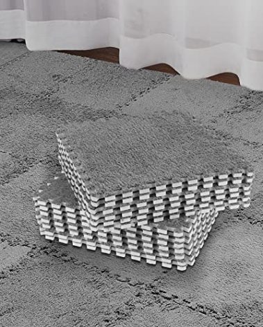 Amylove 36 Pcs Plush Foam Floor Mat Square Interlocking Carpet Tiles with Border Fluffy Play Mat Floor Tiles Soft Climbing Area Rugs for Home Playroom, 12 x 12 x 0.4 in (Gray)