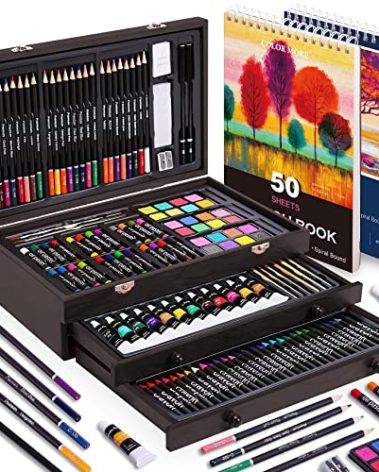 175 Piece Deluxe Art Set with 2 Drawing Pads, Acrylic Paints,Crayons,Colored Pencils,Paint Set in Wooden Case,Professional Art Kit,Art Supplies for Adults,Teens and Artist,Paint Supplies