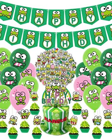 Keroppi Frog Party Supplies - 83pcs with Happy Birthday Banner, Cupcake Toppers, Balloons and Stickers for Big-Eyed Frog Theme Kids Party