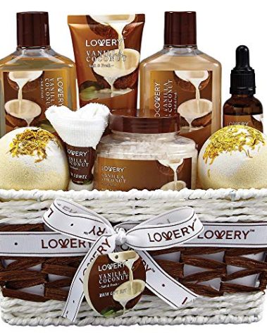 Gifts For Women Gift Basket for Women– 9 Piece Christmas Gifts Set of Vanilla Coconut Home Spa Set, Luxurious Holiday Bath and Body Sets Includes Fragrant Lotions, Extra Large Bath Bombs, Coconut Oil