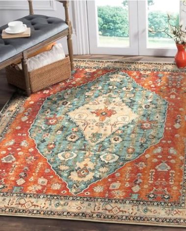 Lahome Boho Tribal Square 4x4 Washable Rug, Soft Living Room Kitchen Entry Rugs with Rubber Backing, Oriental Non-Slip Indoor Throw Bedroom Carpet for Nursery Office (Rust/Dull Teal,4x4ft)