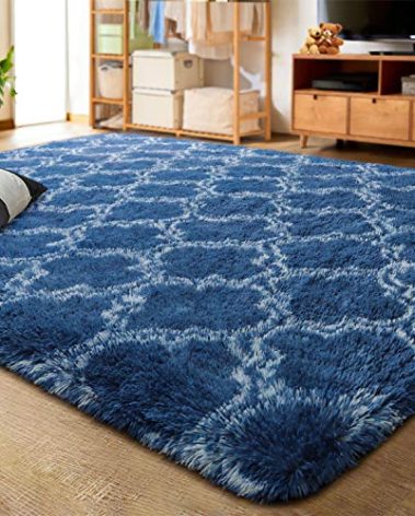 LOCHAS Luxury Shag Area Rug 8 x10 Feet Geometric Plush Fluffy Rugs, Extra Soft Carpet Runner Rugs for Bedroom Living Room Dorm Kids, High Pile Shaggy Floor Rug Decor, Light Navy/White