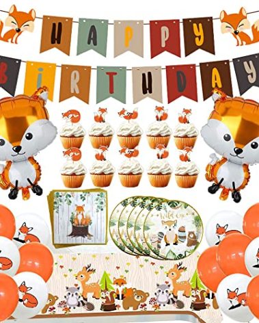 Fox Theme Birthday Party Supplies Decorations, 48PCS Fox Party Supplies Kit includes Fox Happy Birthday Banner, Fox Balloons and Various Party Tableware Supplies with Cartoon Fox