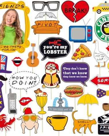 35pcs Friends Themed Party Photo Booth Props, Friends Selfie Frame with Friends TV Show Party Photo Props, Friends Themed Birthday Bachelorette Party Decorations Friends Party Supplies