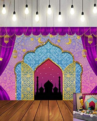 Art Studio 7x5ft Arabian Nights Magic Genie Theme Photography Backdrop Moroccan Birthday Party Decor Banner Gold Glitter Indian Bollywood Princess Girl Sweet 16 Photo Background Booth Studio Props
