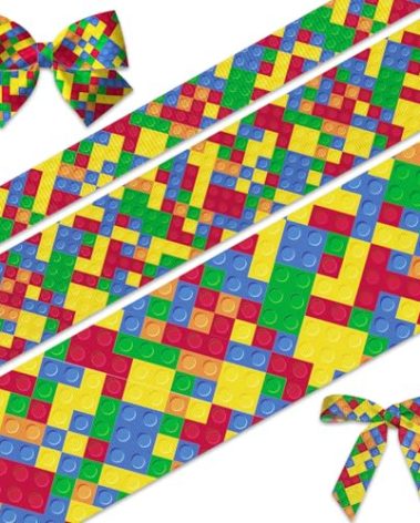 Glodecart 3 Rolls 15 Yards Autism Awareness Ribbons for Crafts Gift Wrapping Wreath Bows, 3/8 '' 7/8'' 1.5'' Colorful Building Blocks Ribbon School Ribbons for Birthday Party Home Decoration