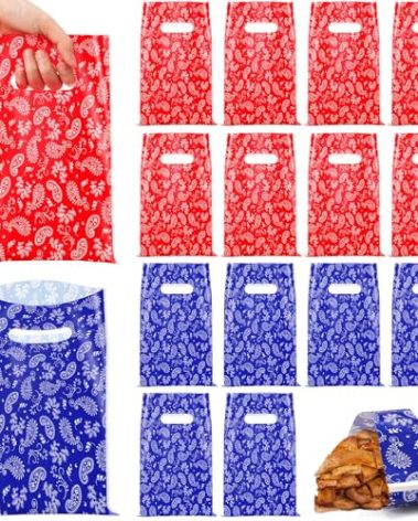 GliCraft 100 Pcs Western Bandana Bags with Handle 9.84''x 6.5'' Red Blue Plastic Bandana Gift Print Treat Candy Snack Goodie Cellophane Bags Bulk Cowboy Party Favor for Western Cowboy Summer Birthday