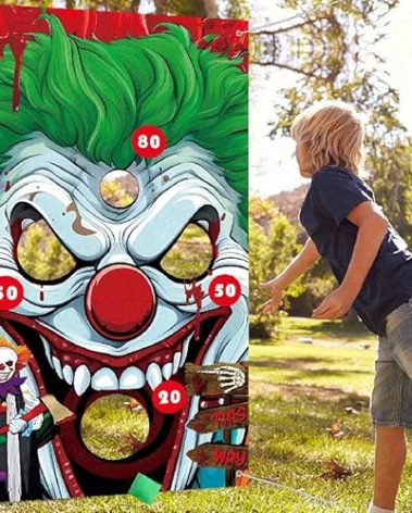 Halloween Games, Funny Clown Toss Game, with 4 Bean Bags, Premium Banner, Accessories, Storage Bag, Carnival Halloween Party Games for Kids Teen Adults, for Indoor or Outdoor, Ideal Party Decorations