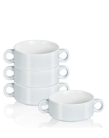 TAOCIGOU French Onion Soup Bowls with Handles, 12-Ounce Stackable Soup Crocks, Ceramic Soup Bowls Dishwasher, Oven, Microwave Safe, Large Ramekins Bowls Set of 4 (White)