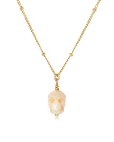 Skull Pearl Necklace - 14K Gold Plated 925 Sterling Silver Pendant with Single 7-8MM Freshwater Pearl,Skeleton Halloween Jewelry