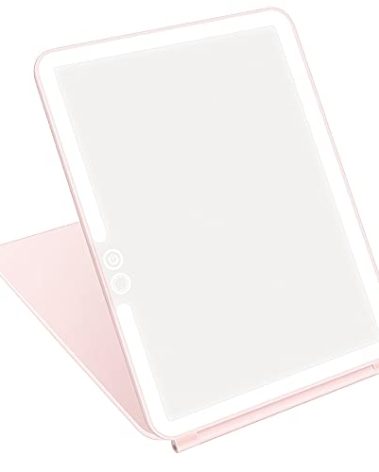 deweisn Folding Travel Mirror Lighted Makeup Mirror with 72 LEDs 3 Colors Light Modes, USB Rechargable, Portable, Ultra Thin, CompactVanity Mirror with Touch Screen Dimming for Cosmetic (Pink)