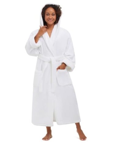 MONARCH Hooded Terry Shawl Collar Bathrobe for Men and Women – Thick Fabric Terrycloth Robe with Classic Design, Generously Sized Hotel & Spa Robe with Pockets – Machine Washable (White, Medium)
