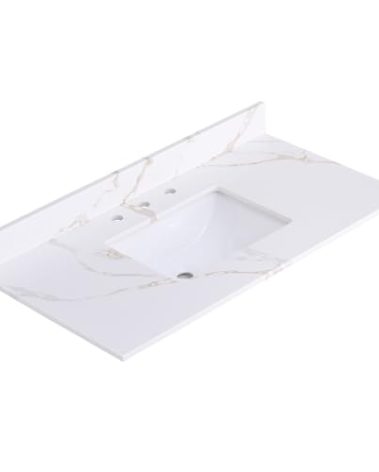 EQLOO 42x22 Vanity Top with Sink, Golden Calacatta Quartz Countertop with Middle Undermount Sink & Backsplash,8in. Faucet Hole Spacing Bathroom Vanity Sink Top