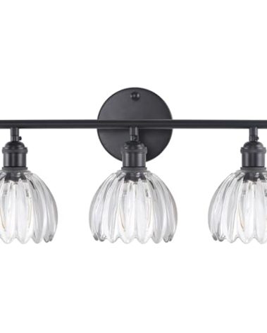 Shenmoyl Bathroom Light Fixtures, 3-Light Black Vanity Wall Light Over Mirror with Clear Tulip Glass Shade for Bedroom Living Room (Bulb Not Included)
