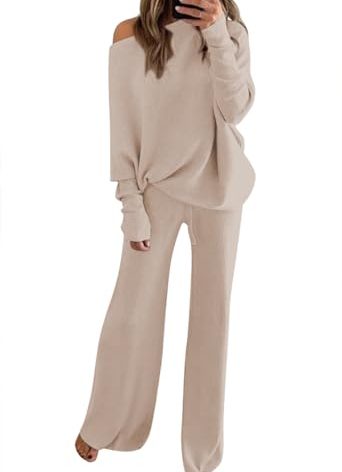 LaSuiveur Women's 2 Piece Outfits Sweater Set Long Sleeve Knit Pullover Wide Leg Pants Sweatsuit Lounge Set Apricot L
