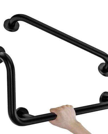 Black L-Shaped Grab Bar 12x24 Inch + Knurled Shower Grab Rail 20 Inch, Zepolu Stainless Steel Toilet Safety Bar 90 Degree, Angled Balance Support Assist Bar for Elderly, Bathroom Mobility Aid Handrail