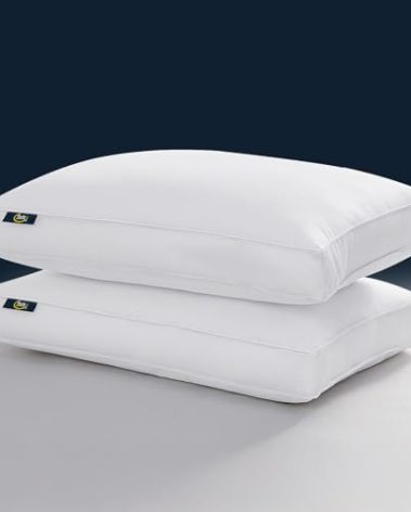 Serta Hotel Collection Pillows King Size Set of 2 White Goose Feather Down Fiber Gusseted 100% Cotton Pillow for Back, Stomach or Side Sleepers