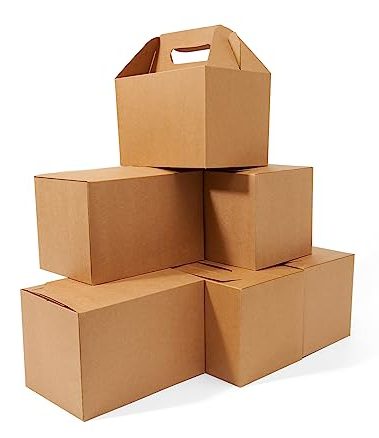 Happyhiram 10-Pack Large Gable Boxes Brown - 9x6x6 Inch Sturdy Kraft Paper Containers for Gifts, Box Lunches, Cookies, and Birthday Wedding, Welcome Boxes Easy to Assemble with Handles