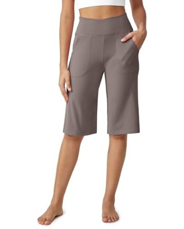 G4Free Wide Leg Yoga Capri Pants for Women High Cross Waist Cropped Pants with Pockets Loose Stretch Capris for Casual Work Workout(Taupe,XL,14")