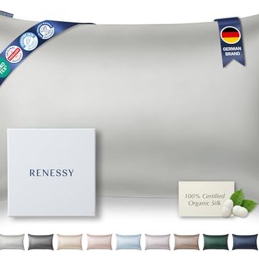 RENESSY Premium Silk Pillowcase 100% Organic Mulberry Silk, 22 Momme, Grade 6A - Oeko-Tex Certified in Germany - Luxury for Hair & Skin, 1 Piece (King Size 20x36 Inches, Light Grey)