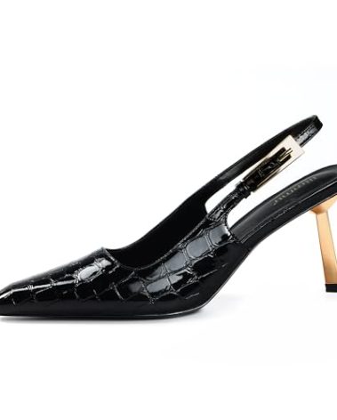 iiimmu Faux Crocodile Stiletto Heels Black 3.5 in Kitten Heels Pumps Closed Pointed Toe Slingbacks, Size 8