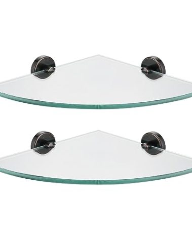 JQK Corner Glass Shelf, Oil Rubbed Bronze Bathroom 304 Stainless Steel Shower Triangle Floating Wall Shelf, 10 x 10 Tempered Glass, 2 Pack, TGS190L10-ORB-P2