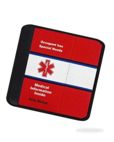 Any/Multiple Condition Medical Alert Seatbelt Cover for Children in Car Seats (6”) Featuring an Emergency Information Form and Pocket by Help Belts. (Red/White)