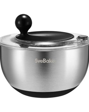 SveBake 5.3Qt Stainless Steel Salad Spinner with Stop Button, BPA-Free Vegetable Lettuce Spinner, Transparent Lid & Drainage Hole, Non-Slip Base, Dishwasher Safe Fruit Washer