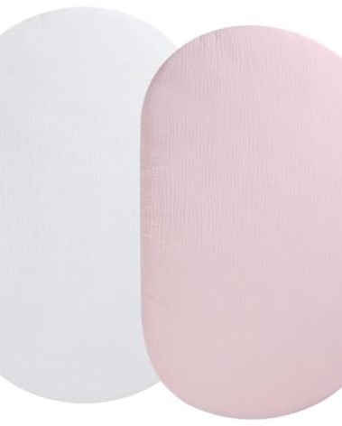 Muslin Bassinet Sheet Compatible with UPPAbaby Bassinet, 2 Pack Cotton Stylish Boho Fitted Bassinet Sheets Super Soft for Baby White & Pink