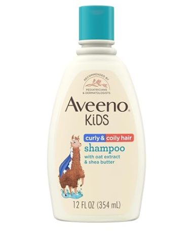Aveeno Kids Curly & Coily Hair Shampoo, Hydrating Shampoo for Type 3 & 4 Hair, Kids Curly Hair Products suitable for Sensitive Scalps with Oat Extract & Shea Butter, Paraben-Free, 12 fl. oz