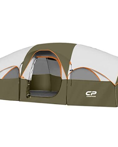 CAMPROS CP Tent 8 Person Camping Tents, Weather Resistant Family Tent, 5 Large Mesh Windows, Double Layer, Divided Curtain for Separated Room, Portable with Carry Bag - Olive