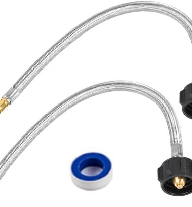 2PCS 24" RV Propane Hose 1/4" Inverted Male Flare Stainless Steel Braided RV LP Propane Tank Hose with QCC1/Type1 Connection Standard Two-Stage Auto Changeover Regulator, Replacement for RV Trailer