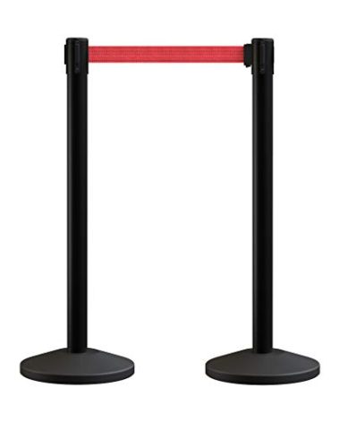 Crowd Control Warehouse CCW Series RBB-100 - Set of 2 Stanchions with Retractable Belts - 11 Foot Red Belt, Black Post - Retractable Line Barrier, Crowd Control Stanchion